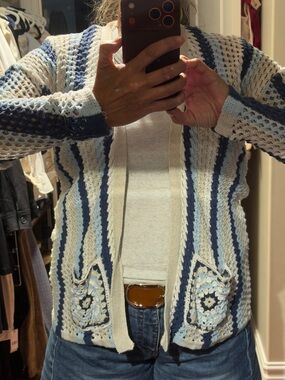 Sz M⭐️CHARLIE B  Open Knit Summer Crochet Cardigan in Cream/ Navy/Light Blue